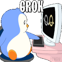 a penguin sitting in front of a computer with the word grok written above it