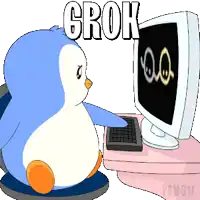 a penguin sitting in front of a computer with the word grok written above it