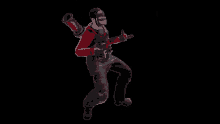 a man in a red jacket and black pants is holding a gun and a rocket launcher on his back .