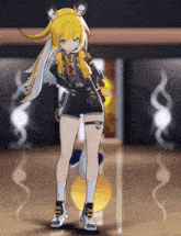 a girl in a yellow and black outfit is standing in a room with smoke coming out of it