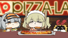 cartoon characters eating pizza in front of a pizza-la sign