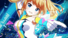 a girl in a colorful outfit is pointing her finger