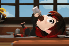 a cartoon character laying on a counter drinking from a cup