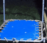 a blue trampoline is sitting in the grass on a deck