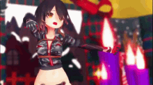 a 3d anime girl is standing in front of a christmas tree holding a purple present .