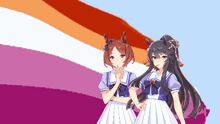 two anime girls standing next to each other in front of a lesbian flag