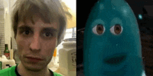 a man in a green shirt is next to a picture of a blue cartoon character with big eyes .