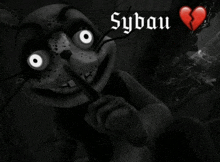 a black and white photo of a cartoon character with syban written on the bottom