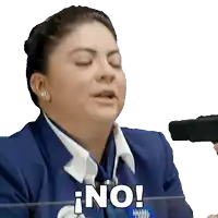 a woman in a blue uniform holds a gun and says " no "