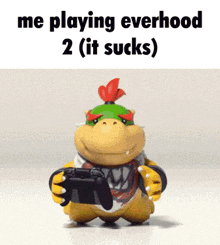 a cartoon character is holding a video game controller and says `` me playing everhood 2 ( it sucks ) ''