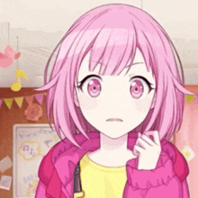 a girl with pink hair and red eyes is wearing a pink jacket .