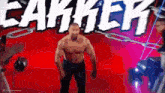a man without a shirt is standing in front of a sign that says eaker