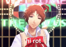 a boy with a red bow in his hair says hi rot in front of a welcome sign