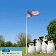 a group of penguins saluting an american flag with a mr. b man logo behind them