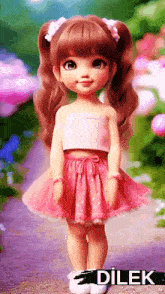 a little girl doll wearing a pink skirt and a white top