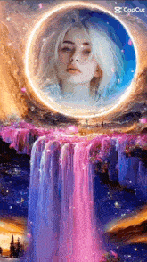 a painting of a woman with a waterfall in the background .