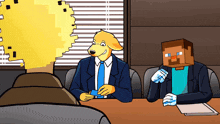 a man with a minecraft head sits at a table with a dog