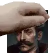 a hand is touching a man 's face with a mustache in a pixel art .