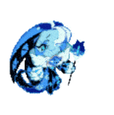 a pixel art drawing of a blue rabbit with wings