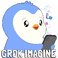 a cartoon penguin holding a cell phone with the words grok imagine written below it