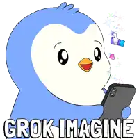 a cartoon penguin holding a cell phone with the words grok imagine written below it