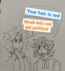 a drawing of two people with the words your hair is red woah let 's not get political