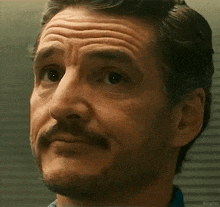 a close up of a man 's face with a beard and mustache making a funny face .
