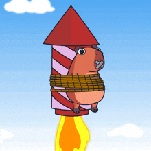 a cartoon of a dog tied to a rocket with a flame coming out of it