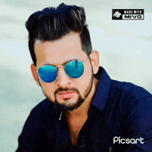 a man wearing sunglasses and a blue shirt has a watermark that says ' made with mivo ' on it