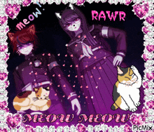 a picture of a boy and a girl with cats and the words rawr meow meow on the bottom