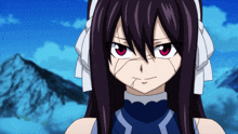 a girl with purple hair and red eyes is wearing a blue top
