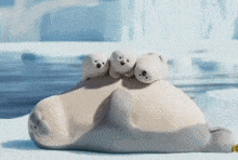 a group of seals are laying on top of each other on a piece of ice .