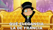 a cartoon of a boy in a top hat and bow tie with the words que elegancia la de francia