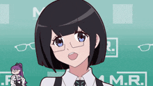 a girl with glasses is standing in front of a m.r. logo
