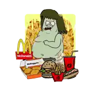 a cartoon character is surrounded by mcdonald 's products including mcnuggets