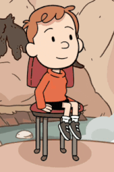 a cartoon character sitting on a chair with his legs crossed