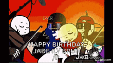 a cartoon of a group of skeletons playing violins with the words happy birthday jade ily bruh