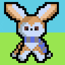 a pixel art of an orange and white bunny with a blue scarf around its neck