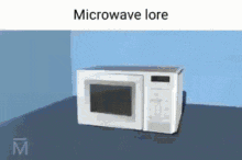 a white microwave is sitting in a room next to a wall .