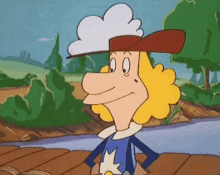 a cartoon character wearing a hat with a white cloud on top