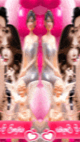 a woman in a silver dress is surrounded by pink balloons and a sign that says engine
