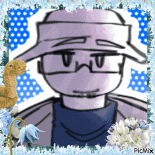 a picture of a man with a hat and glasses is surrounded by flowers and a stuffed animal