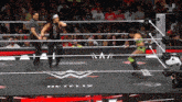 two women are wrestling in a wrestling ring with a netflix logo on the floor