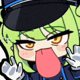 a cartoon character with green hair and a black hat is sticking out his tongue .