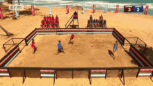a group of people are playing a game of volleyball on a beach and the score is 3 to 2