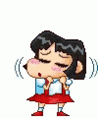a pixel art of a cartoon character standing with her eyes closed and a red dress .