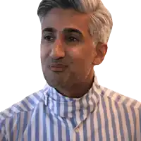 a man wearing a blue and white striped shirt has a turtleneck