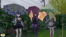 three anime characters holding umbrellas in a garden