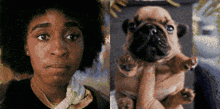 a woman is holding a pug puppy in her arms