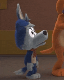 a cartoon wolf is wearing a blue hat and scarf .